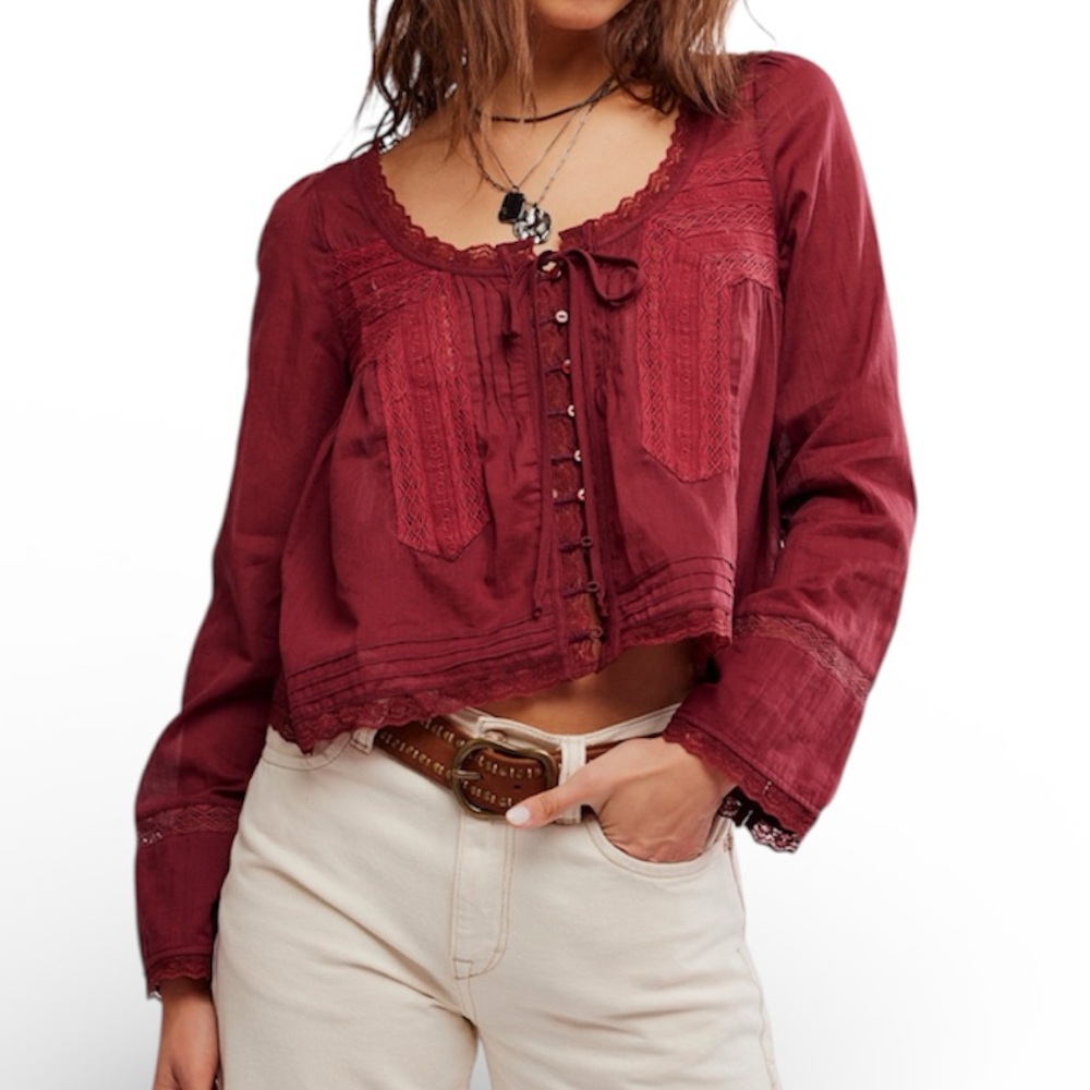 Free People Evermore Lace Inset‎ Semisheer Top, Size MEDIUM